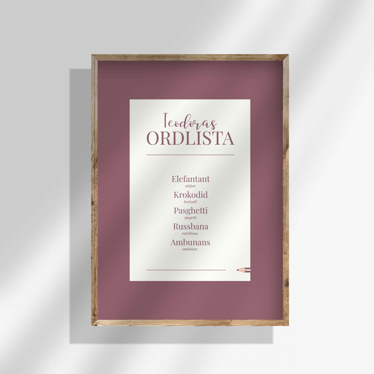 Ordlistsposter med färgad ram - Fem ord.