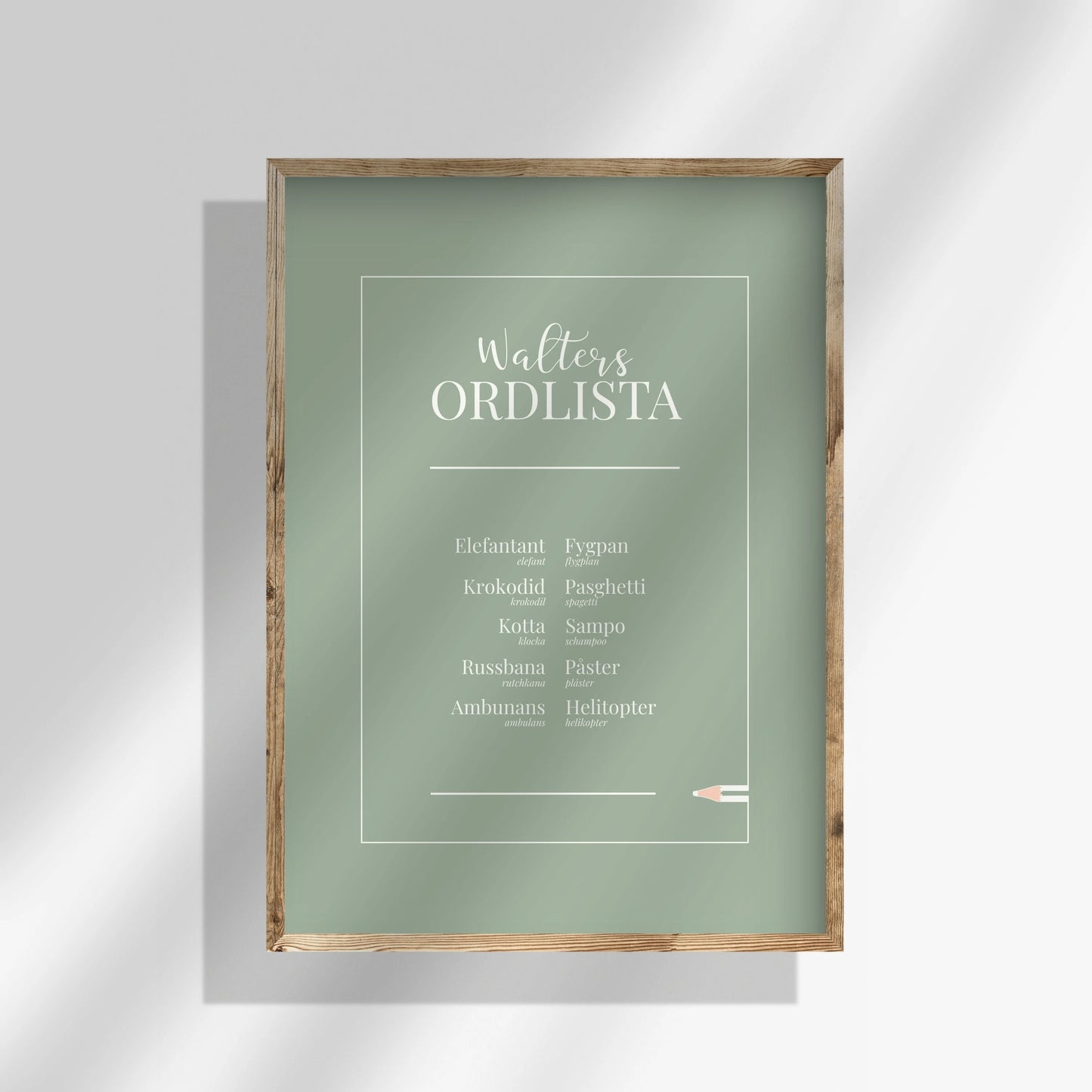 Grön helfärgad personlig ordlistsposter med ditt barns 10 unika ord, definitioner och facit till varje felsägning. Enhetlig färg med utökad ordlista.