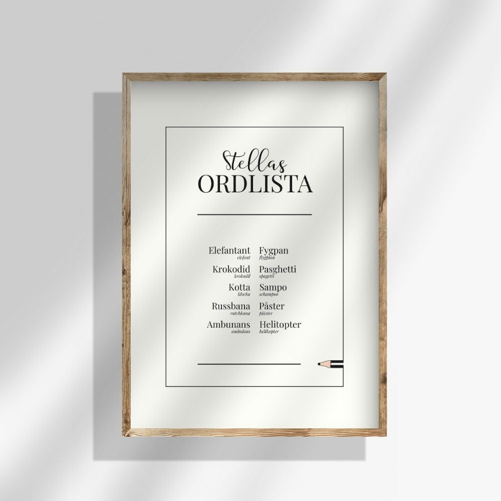 Personlig ordlistposter i benvit färg. En mjuk tavla för barnrummet som bevarar barns språk och ger harmoni till rummets inredning.