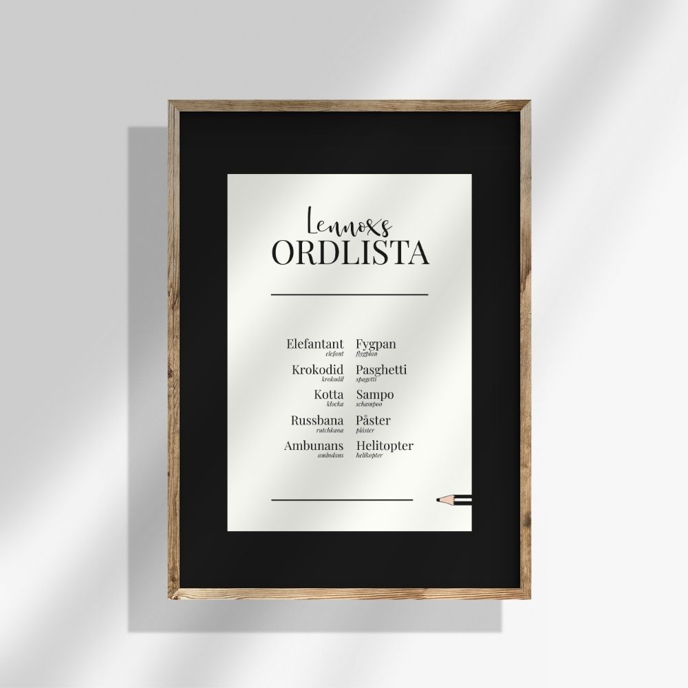 Personlig ordlistsposter med svart kant och vit mitt, 10 ord. Barnets större ordlista med definitioner och korrekt ord vid felsägningar, inramad av svart.