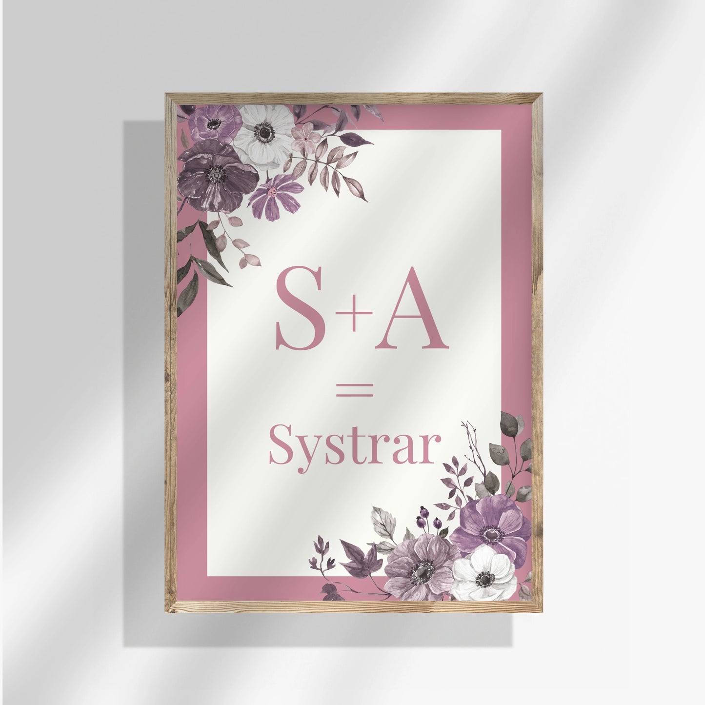 Syskonposter med rosa ram och vit mitt med ekvation. Anpassa med två bokstäver och typ av syskonrelation på den vita centrumytan. Tryckt på matt premiumpapper
