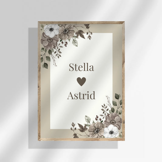Syskonposter med beige ram och vit mitt med hjärta. Anpassa med två barns namn, mjukt placerade runt hjärtat på den vita centrumytan. Neutral, tidlös design.