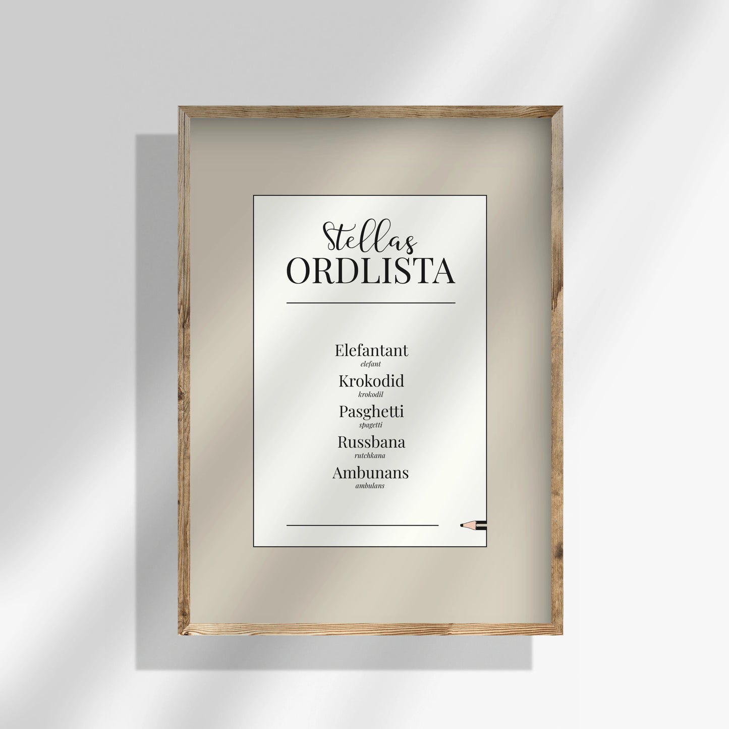 Ordlistsposter med färgad ram - Fem ord.