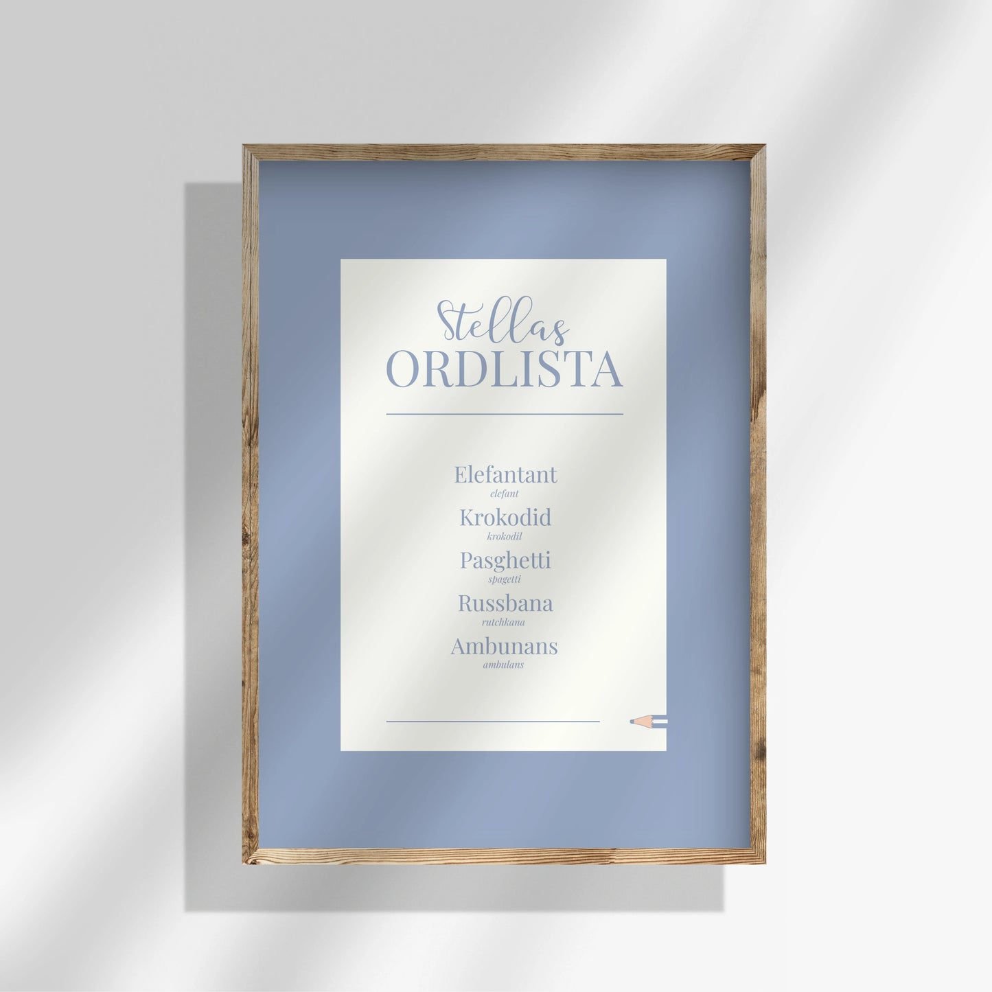 Ordlistsposter med färgad ram - Fem ord.