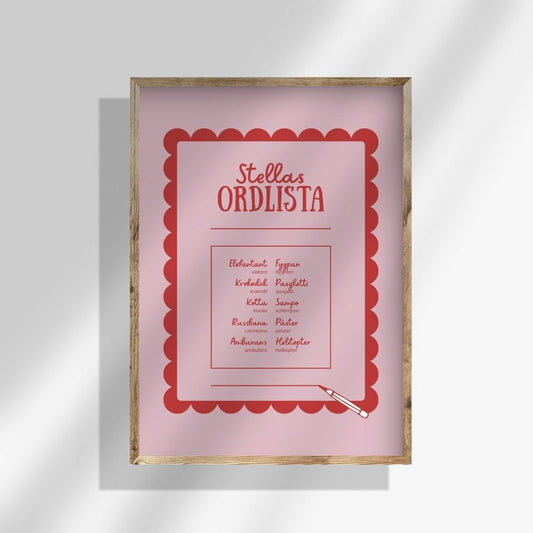 Närbild på texten i en ordlistposter med tio ord