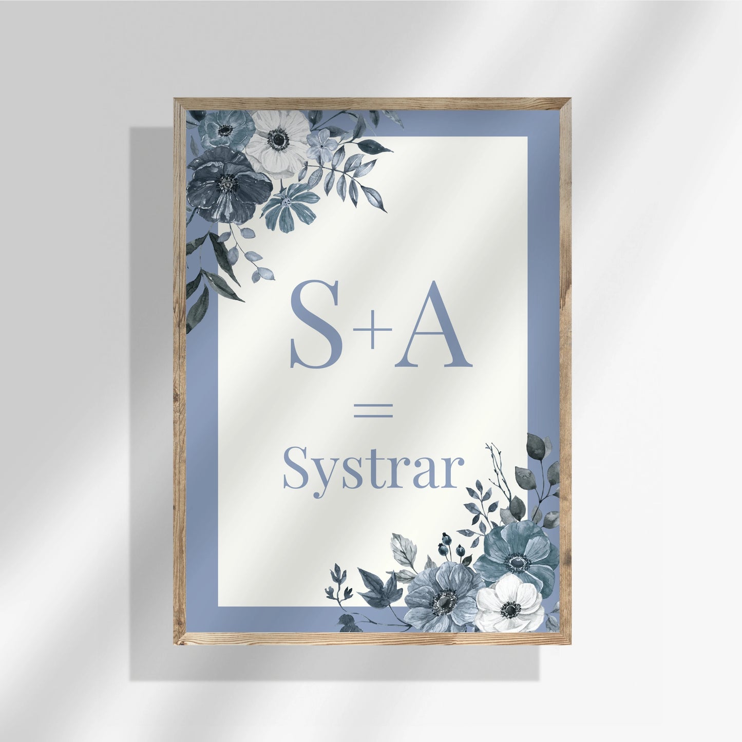 Syskonposter med blå ram och vit mitt med syskonformel. Anpassa med två bokstäver och typ av syskonrelation på den vita centrumytan. Lugn, harmonisk design.