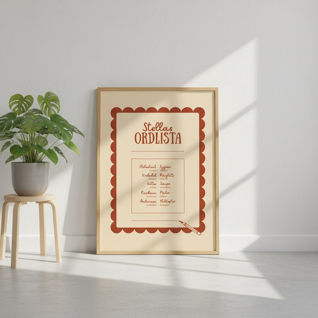 Ordlistposter i beige design i barnrumsmiljö