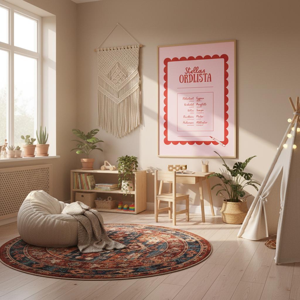 Ordlistposter som färgklick i barnrum med kuddar