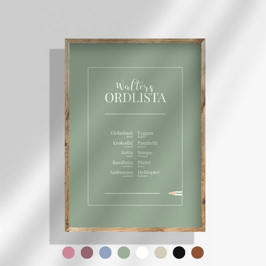 en grön personlig ordlistposter som visa upp ditt barn unika ord på en stilrent sätt. 