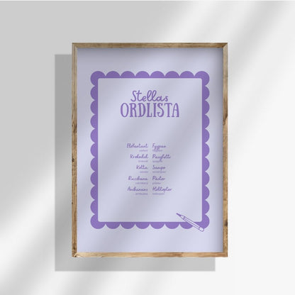Ordlistposter med färgglad bakgrund i trälist