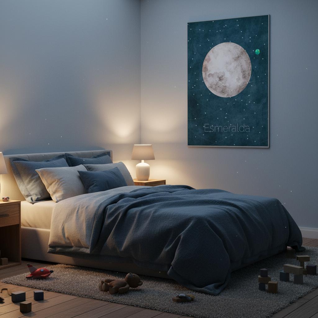 Barnrumsposter med rymdmotiv som skapar en trygg och drömsk plats för lek och fantasi – en poster rymden som låter barnets tankar sväva bland stjärnorna.