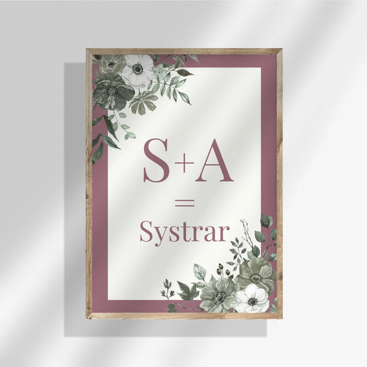 Syskonposter med mörkrosa ram och vit mittdel med syskonformel. Anpassa med två bokstäver och typ av syskonrelation på vit bakgrund. Elegant design.