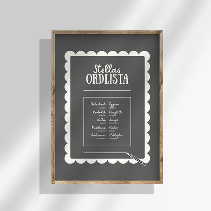 Närbild på texten i en ordlistposter, hängades på en vit vägg