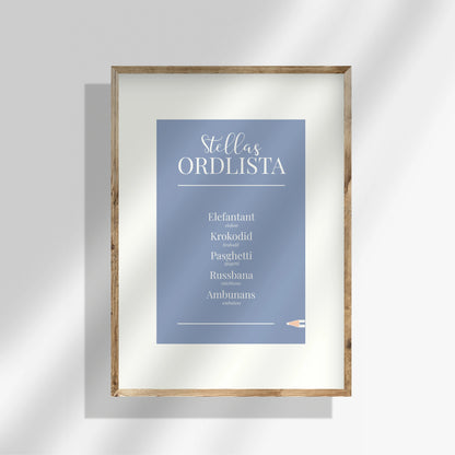 Blå personlig ordlistsposter med 5 ord och bred vit kant. Barnets egna ord, förklaringar och korrekt ord vid felsägningar mot blå bakgrund.