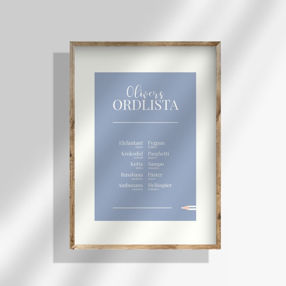 Blå personlig ordlistsposter med 10 ord och bred vit kant. Barnets omfattande samling av egna ord med förklaringar och korrekt ord vid felsägningar. 