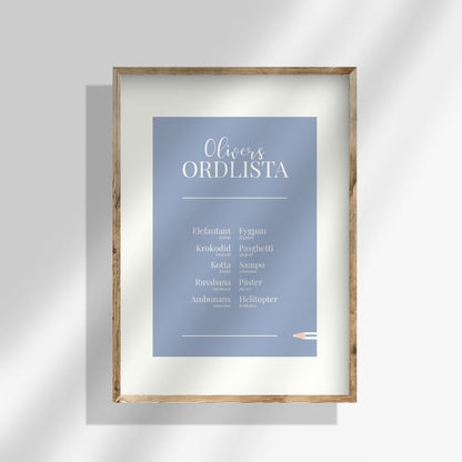 Blå personlig ordlistsposter med 10 ord och bred vit kant. Barnets omfattande samling av egna ord med förklaringar och korrekt ord vid felsägningar. 