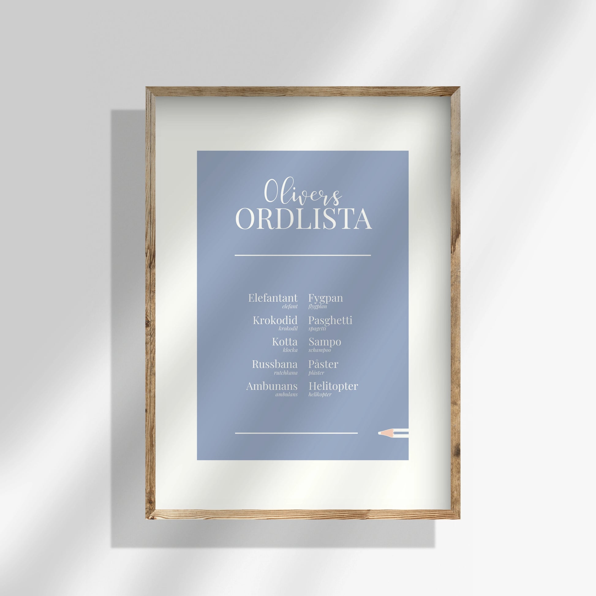 Blå personlig ordlistsposter med 10 ord och bred vit kant. Barnets omfattande samling av egna ord med förklaringar och korrekt ord vid felsägningar.