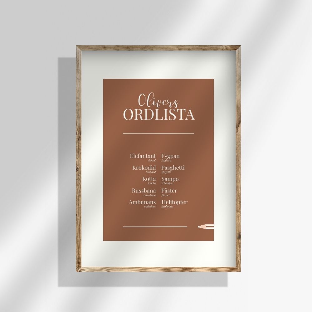 Brun personlig ordlistsposter med 10 ord och vit inbyggd passepartout. Ditt barns utökade ordsamling med förklaringar och facit till varje felsägning. 