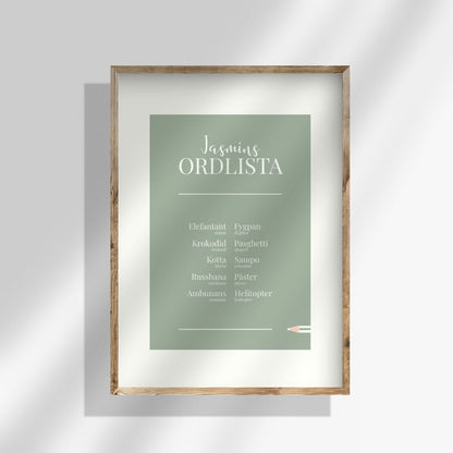 Grön personlig ordlistsposter med 10 ord och vit inbyggd passepartout. Ditt barns utförliga ordlista med definitioner och facit till varje felsägning. 