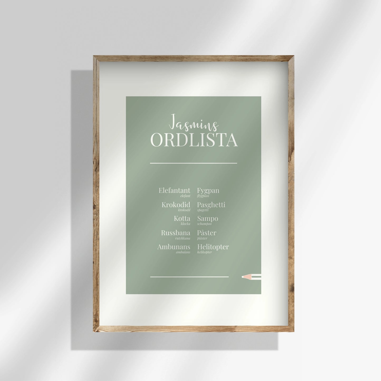 "Grön personlig ordlistsposter med 10 ord och vit inbyggd passepartout. Ditt barns utförliga ordlista med definitioner och facit till varje felsägning.
