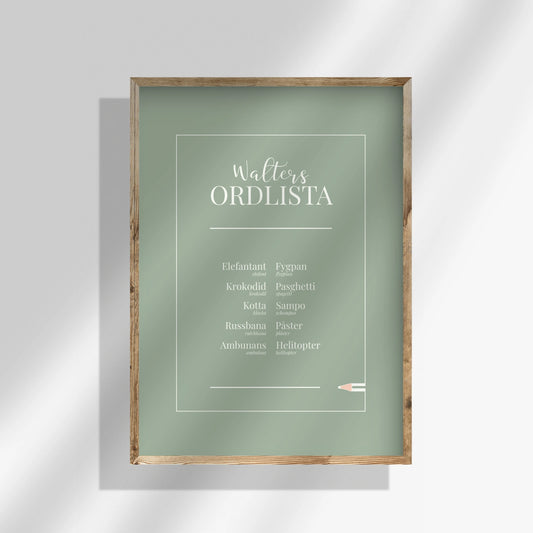 Grön helfärgad personlig ordlistsposter med ditt barns 10 unika ord, definitioner och facit till varje felsägning. Enhetlig färg med utökad ordlista.