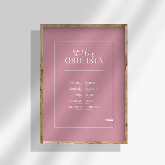 Rosa helfärgad personlig ordlistsposter med ditt barns 10 unika ord, definitioner och facit till varje felsägning. Tryckt på matt premiumpapper.