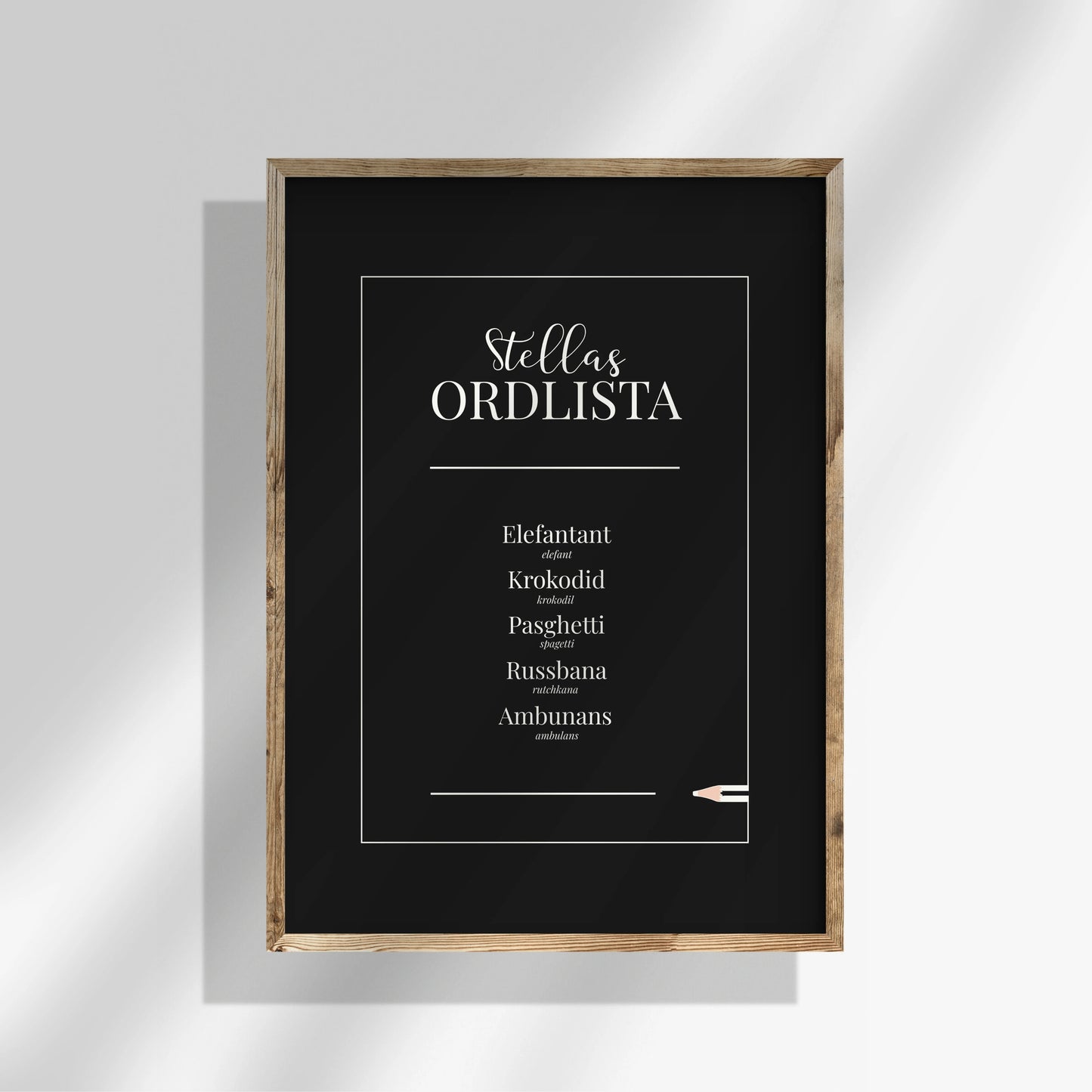 Svart helfärgad personlig ordlistsposter med barnets 5 unika ord, definitioner och korrekt ord vid felsägningar. Elegant helsvart bakgrund.