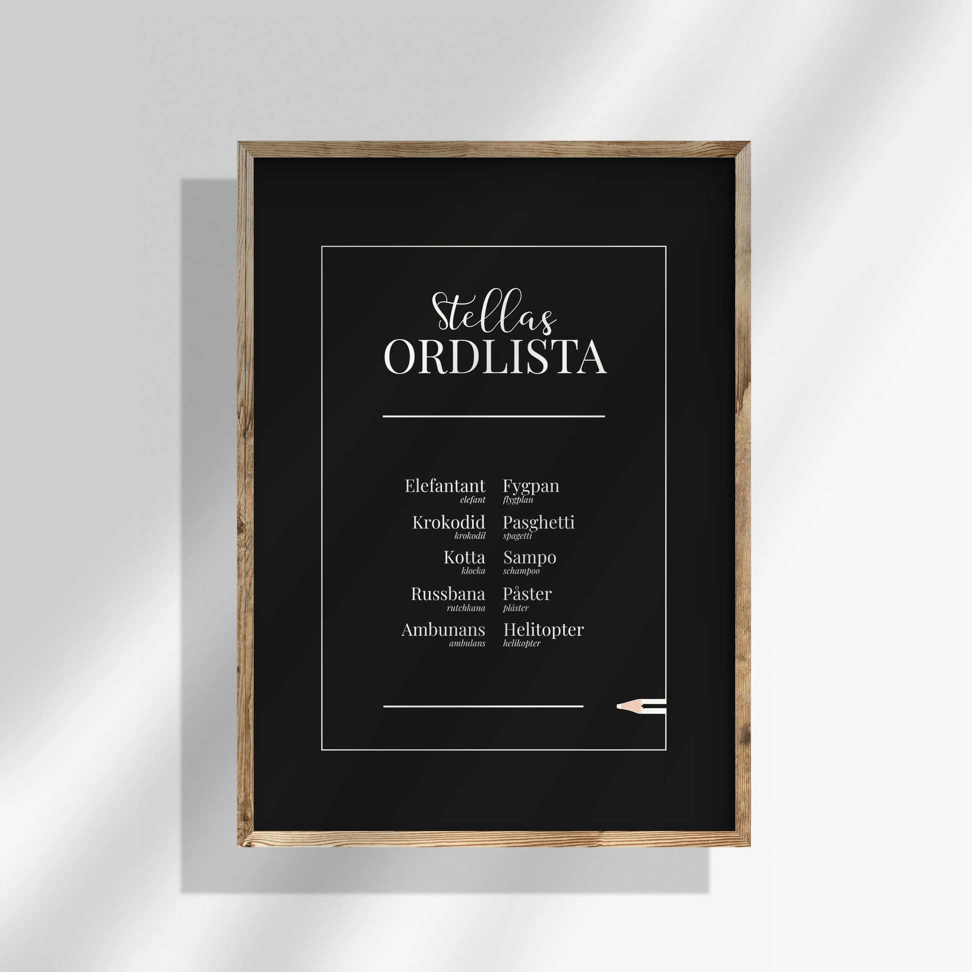 Svart helfärgad personlig ordlistsposter med barnets 10 unika ord, definitioner och korrekt ord vid felsägningar. Elegant helsvart bakgrund med utökad ordlista.