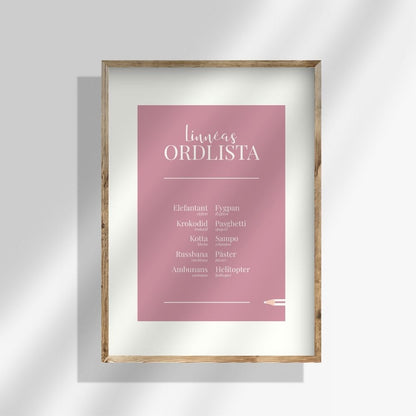 Rosa personlig ordlistsposter med 10 ord och bred vit kant. Ditt barns utökade samling av unika ord, definitioner och facit till varje felsägning centrerade. 