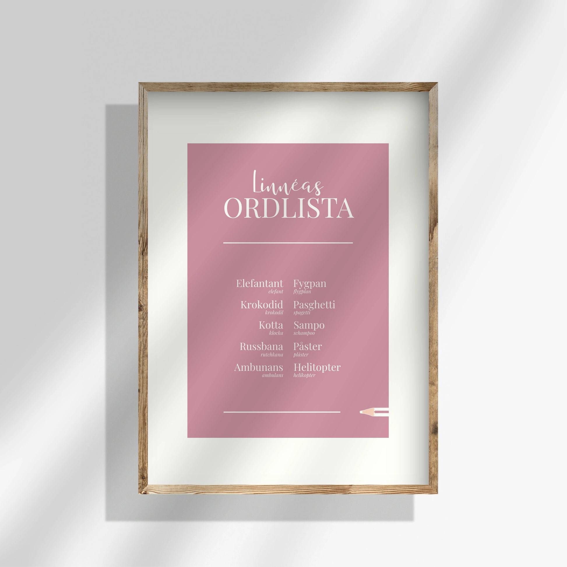 Rosa personlig ordlistsposter med 10 ord och bred vit kant. Ditt barns utökade samling av unika ord, definitioner och facit till varje felsägning centrerade.