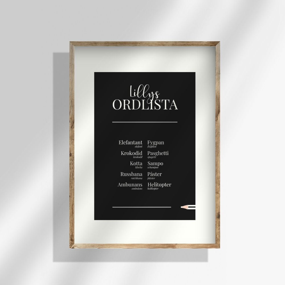 Svart personlig ordlistsposter med 10 ord och bred vit passepartout-kant. Barnets omfattande ordlista med definitioner och korrekt ord vid felsägningar. 