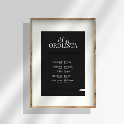 Svart personlig ordlistsposter med 10 ord och bred vit passepartout-kant. Barnets omfattande ordlista med definitioner och korrekt ord vid felsägningar. 