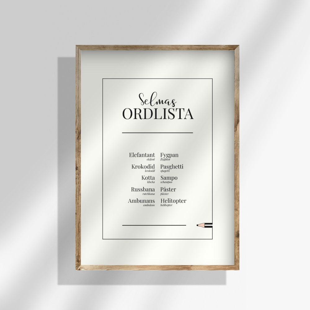 Vit personlig ordlistsposter med 10 ord.. Ditt barns utförliga ordlista med betydelser och facit till varje felsägning i elegant design. 