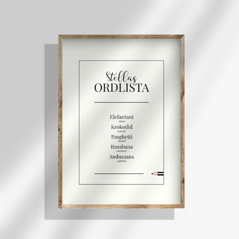 helfärgad fem ord
Personlig ordlistposter i benvit färg. En poster för barnrum i minimalistisk design, skapad för att bevara barns ord och minnen.