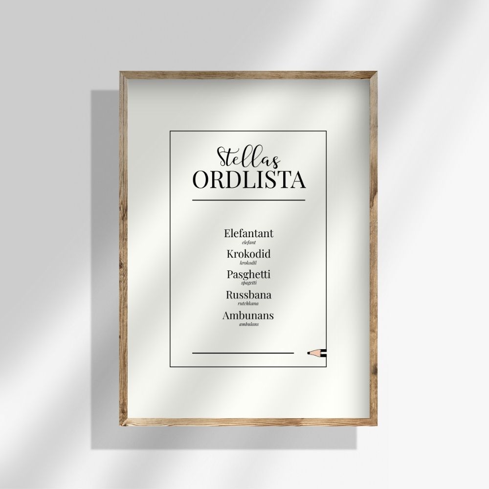 Personlig ordlistposter i benvit färg. En mjuk och personlig poster med text som samlar barns ord och blir en älskad tavla för barn.