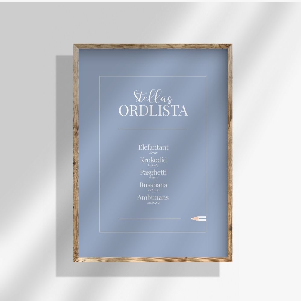 Personlig ordlistposter i blå färg. En tidlös poster för barnrum som fångar barns ord i en minimalistisk design.