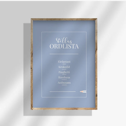 Personlig ordlistposter i blå färg. En tidlös poster för barnrum som fångar barns ord i en minimalistisk design.