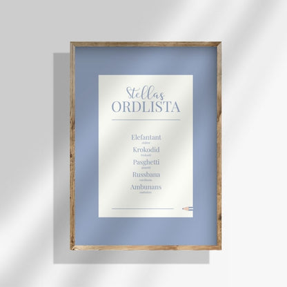 Personlig ordlistposter i blå färg. En tavla för barn som bevarar deras ord på ett lekfullt sätt – en poster med text som passar i både barnrum och vardagsrum.