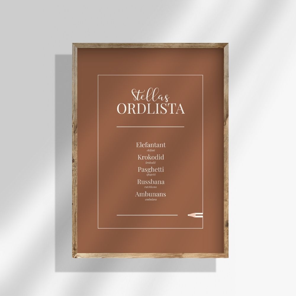 helfärgad fem ord
Personlig ordlistposter i varm brun ton. En poster för barnrum i minimalistisk design som låter dig bevara barns ord med stil.