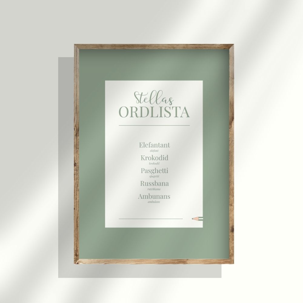 Personlig ordlistposter i grön ton. En poster med text och fem av ditt barns ord – en barnposter fylld av värme och enkelhet, skapad som tidlös väggkonst för barnrummet.