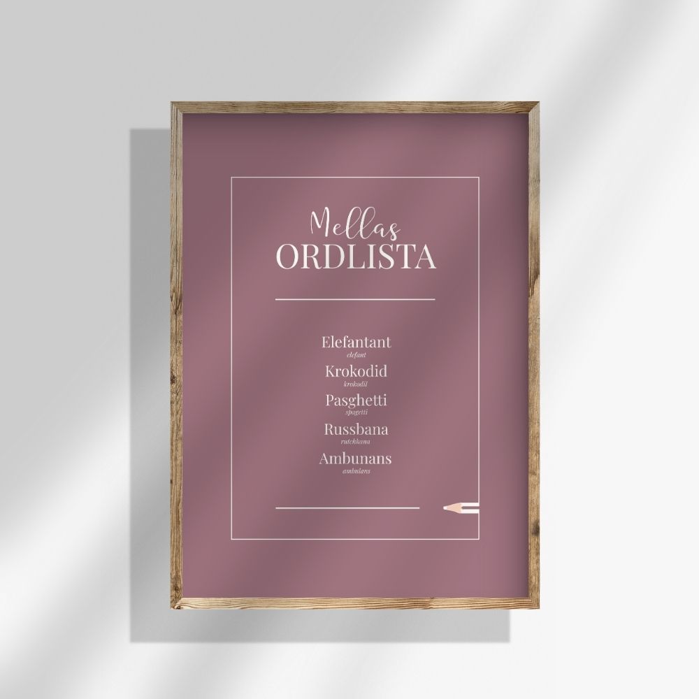 Personlig ordlistposter i mörkrosa nyans. En elegant tavla för barn som bevarar de där små uttrycken du aldrig vill glömma.