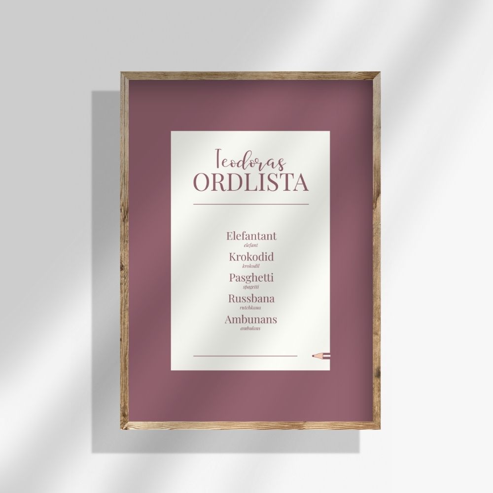 Personlig ordlistposter i mörkrosa nyans. En barnposter med plats för fem ord – väggkonst för barnrummet fylld av känsla och tid.