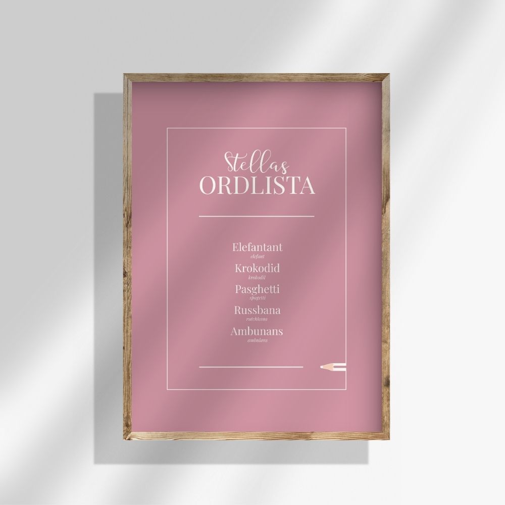 Personlig ordlistposter i mjuk rosa ton. En tavla för barn som låter dig bevara barns ord på ett varmt och stilrent sätt.