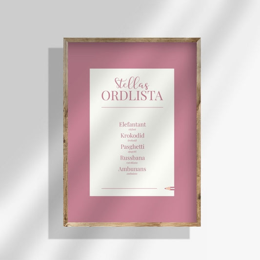 Personlig ordlistposter i mjuk rosa ton. En barnposter som samlar de där uttrycken du aldrig vill glömma, i en poster med text skapad för att sprida värme.