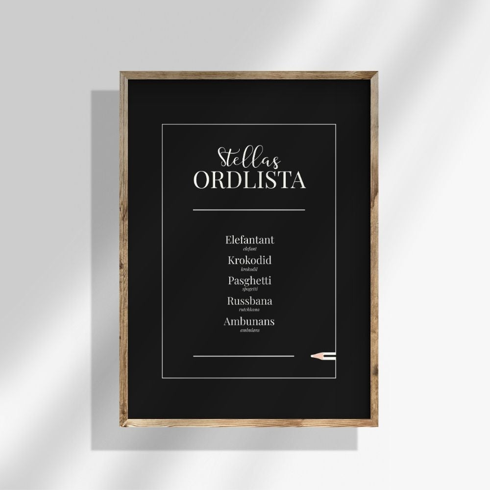 helfärgad fem ord
Personlig ordlistposter i svart färg. En modern tavla för barn med barns ord – stilren och full av känsla.