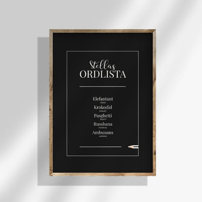 helfärgad fem ord
Personlig ordlistposter i svart färg. En modern tavla för barn med barns ord – stilren och full av känsla.