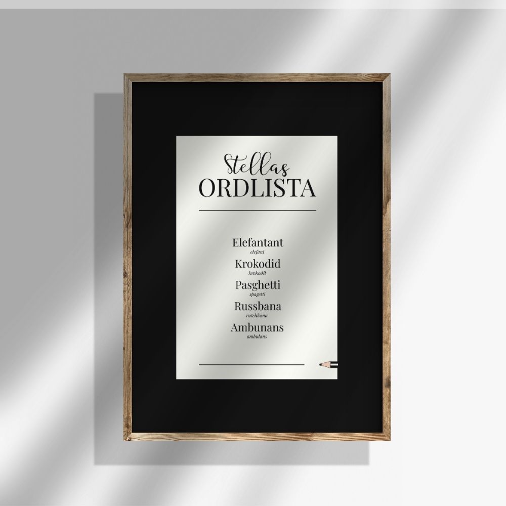 Personlig ordlistposter i svart design. En stilren barnposter som framhäver barns ord på ett vackert och enkelt sätt – väggkonst för barnrummet med känsla.