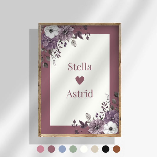 Syskonposter i mörkrosa nyans som visa två systrars namn.