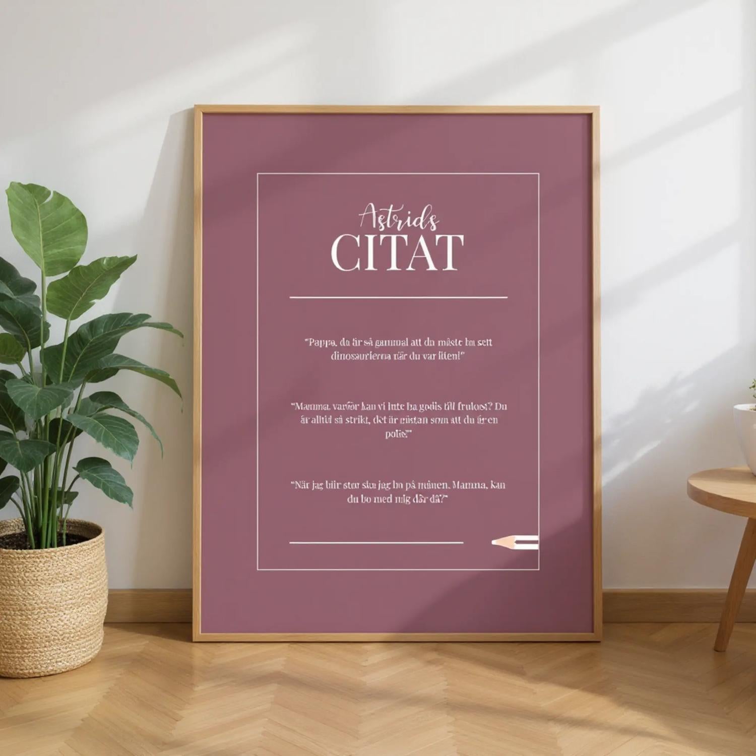 En personlig citatposter som är lutad mot en vägg.