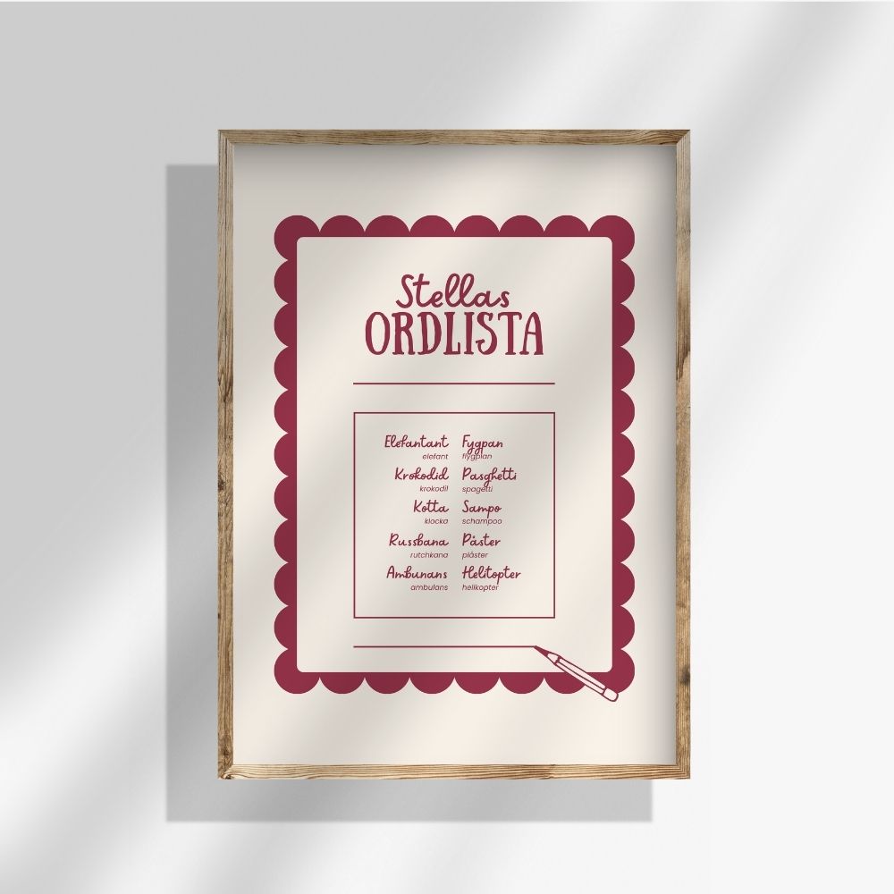 Närbild på ordlistposter med barns ord i handritad stil